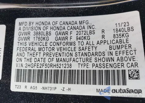 2024 Honda Civic Sport from USA, damaged, VIN 2HGFE2F50RH521238